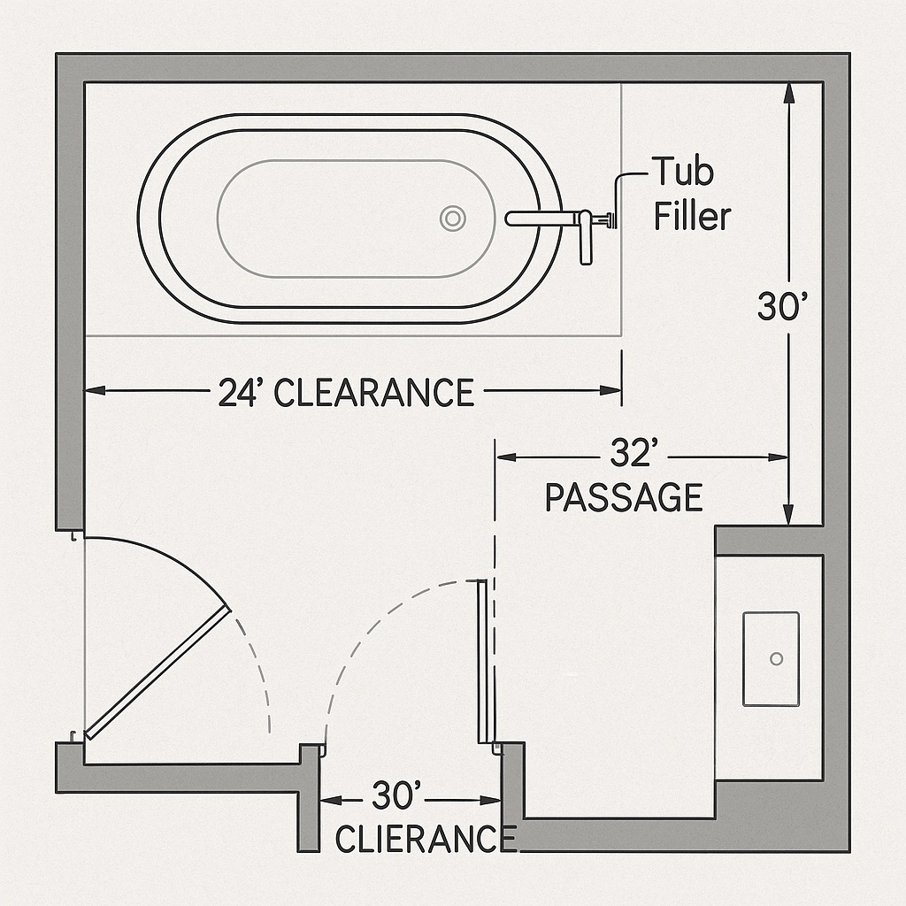 Plan diagram showing tub, filler, and clearances